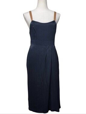 Anthropologie Navy Fitted Bodice Midi Dress with Tan Straps Size 6